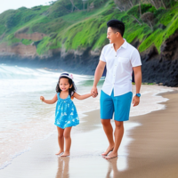 Young family mommy daddy twin girls beach