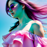 A woman is wearing a flowing, multi-colored dress with shades of pink, lilac, and green that resemble flower petals. Her hair is tousled, and she stands gracefully against a blurred, blue background. The dress appears light and ethereal, as if made from delicate petals.