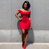 beautiful black woman in red dress with short black hair, full body view, head to toe