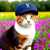 cat wearing a baseball cap sitting in a field of flowers