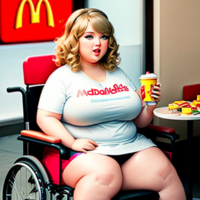 Taylor Swift obese in a wheelchair eating MacDonalds cheeseburger