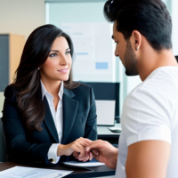 A female attorney with brunette hair is wearing a business suit and giving a free consultation to a male client wearing a t-shirt and jeans in an office setting.