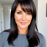 Dark hair dark features 45 year old woman