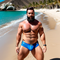 a bearded man with a mankini in the sand, somewhat muscular body