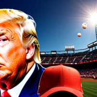 Donald Trump being hit in the face with a baseball whole staring at the sun at a baseball game