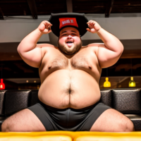 A fat guy with a hat that says “ 815 media “ while drinking beer and jumping in a girly way