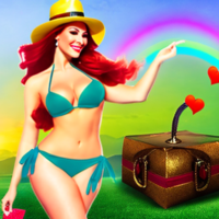 I bikini clad woman at the end of a rainbow waving flirtatiously at a leprechaun