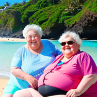 Fat chubby Granny and grandson beach