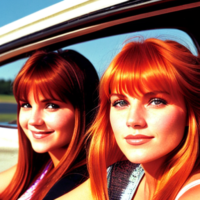 Two girls with straight hair and bangs one is a redhead and one is a blonde. They are driving rig in a thelma and Louise convertible. Close up shot of faces. One girl has blonde hair