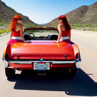 Two girls with straight hair and bangs one is a redhead and one is a blonde. They are driving rig in a thelma and Louise convertible.