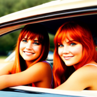 Two girls with straight hair and bangs one is a redhead and one is a blonde. They are driving rig in a thelma and Louise convertible. Close up shot of faces. One girl has blonde hair