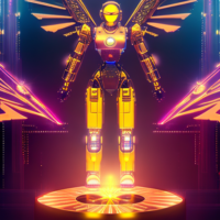 Goldencyberpunk female robotic android with wing floats iover the altar of a steampunk cathedral