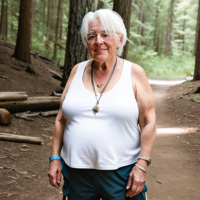 White Woman white hair 90 year old elderly fat chubby cargo shorts white tank camping