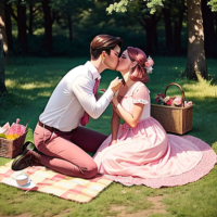 A man and woman wearing a pink dress kissing while having a picnic