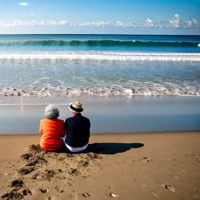 Grandmother and grandson beach