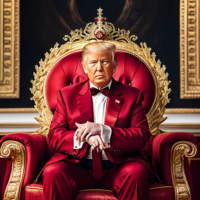 Donald J. Trump, masterpiece, 8k, hyperrealistic portrait, detailed face, detailed skin, photography, hq, photorealistic, King, emperor, 900’s, 10th century, red, throne room, Royal red, Armor