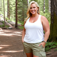 Fat blonde woman chubby cargo shorts white tank camping