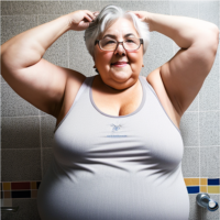 Granny woman fat elderly gray hair tank top fat overweight bathroom