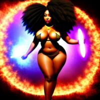 Full body view of an beautiful Afrocentric curvy woman stepping out of a full size frame of fire .