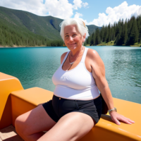 White Woman white hair 90 year old elderly fat chubby cargo shorts white tank camping