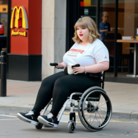 Taylor Swift obese in a wheelchair eating MacDonalds