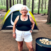 White Woman white hair 90 year old elderly fat chubby cargo shorts white tank camping