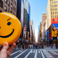 Smile emoji goes to New York City for the first time.