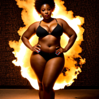 Full body view of an beautiful Afrocentric curvy woman stepping out of a full size frame of fire .