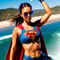 Picture of Jessica Alba dressed like Lara Croft flying like Supergirl on a Surfboard