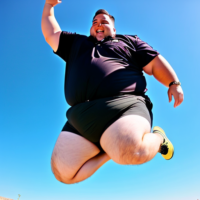 A fat guy jumping in a feminine way