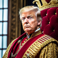 Donald J. Trump, masterpiece, 8k, hyperrealistic portrait, detailed face, detailed skin, photography, hq, photorealistic, King, emperor, 1200’s, 13th century, red, throne room, Royal red, Armor