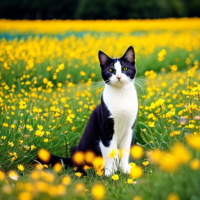 cat sitting in a field of flowers