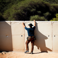 a man climbing a fence, on the other side of the wall is el dorado