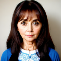 Face of 50 year old woman with long hair and big eyes