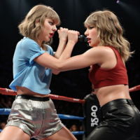 Taylor Swift fighting tiny Taylor Swift