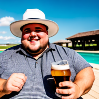 A fat guy with a hat that says “ 815 media “ while drinking beer and jumping in a girly way