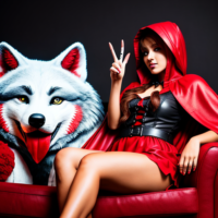 little red riding hood sitting on a black leather couch. she looks surprised. behind her is the big bad wolf throwing up the peace sign, ultrarealistic, 8k