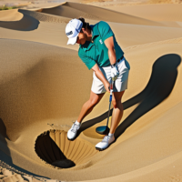 caricature of a male golfer in a sandtrap and digging holes trying to get the ball out