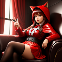 little red riding hood sitting on a black leather couch. she looks surprised. behind her is the big bad wolf throwing up the peace sign, ultrarealistic, 8k