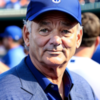 bill murray a blue baseball hat and blue shirt at wrigley field