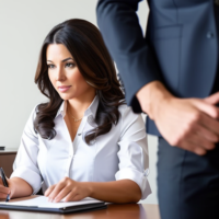 A female attorney with brunette hair is wearing a business suit and taking notes is giving a free consultation to a male client wearing a t-shirt and jeans in a lawyer’s office setting.