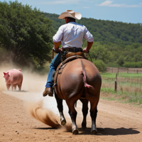 A cowboy on the back of a pig that is bucking him off