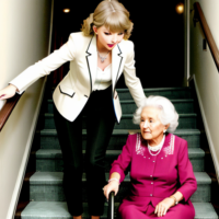 Taylor Swift pushing an old lady down the stairs