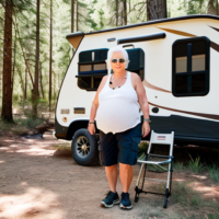 White Woman white hair 90 year old elderly fat chubby cargo shorts white tank camping