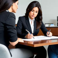 A female attorney with brunette hair is wearing a business suit and taking notes is giving a free consultation to a male client wearing a t-shirt and jeans in a lawyer’s office setting.