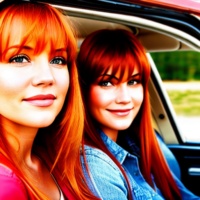 Two girls with straight hair and bangs one is a redhead and one is a blonde. They are driving rig in a thelma and Louise convertible. Close up shot of faces. One girl has blonde hair