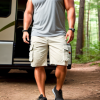 fat chubby cargo shorts white tank camping