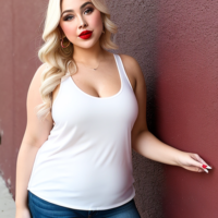 Blonde chubby fat red lipstick big arms tank top