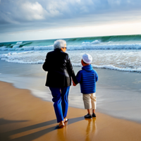 Granny and grandson beach