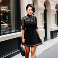 a lady wearing a tiny, lacey black dress